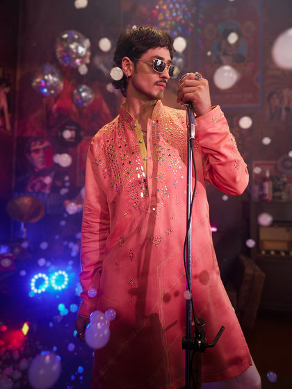 Dark Peach Satin Linen Embroidered Kurta Set with Off White Palazzo Pant for Men | Men's Festive Wear
