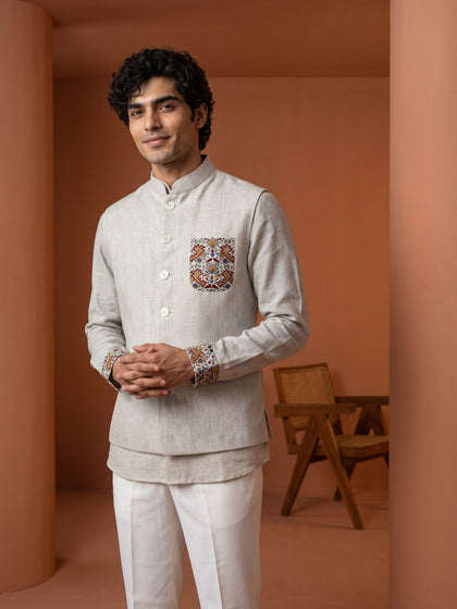 Natural Fawn Linen Multicolour Kalamkari Embroidered Bandi Shirt
