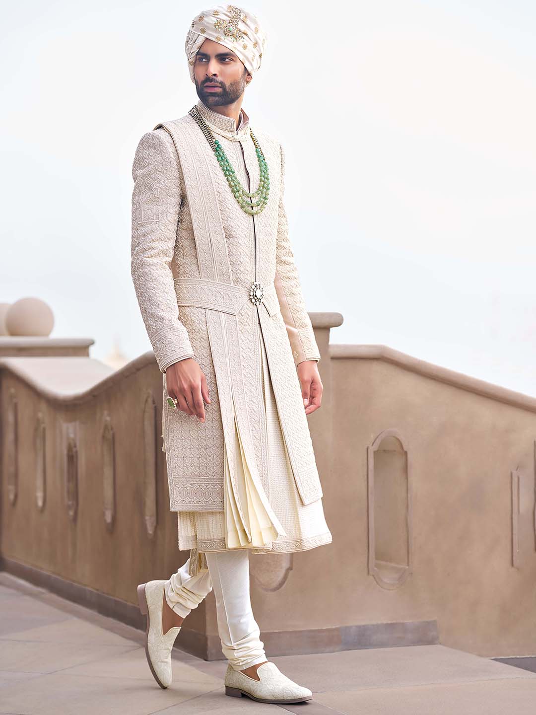 Crystal Beige Embellished Sherwani For Groom