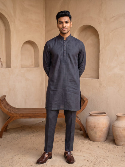 Navy Blue Linen Embroidered Kurta & Aligarhi Set