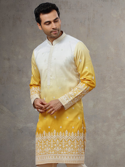White Yellow Silk Kurta with White Aligarhi Pants for Men