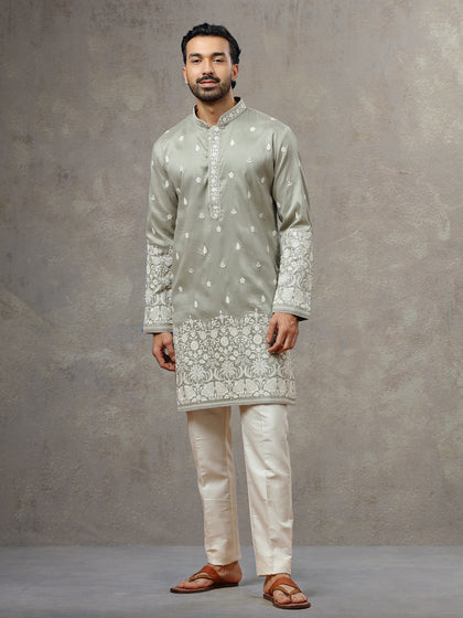 Light Grey Silk Kurta with Cream Aligarhi Pant for Men
