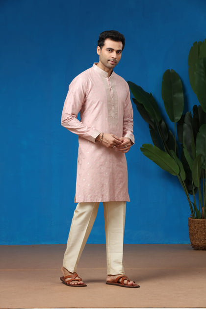 Mauve Jacquard Silk Kurta with Cream Aligarhi Pants