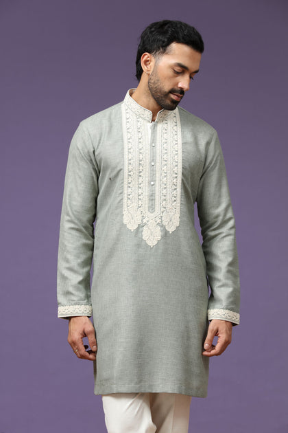 Pista Linen Embroidered Kurta with Whit Cream Plazzo Pants for Men