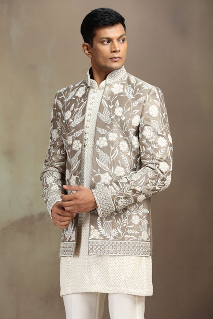 Antic Ivory Silk Indo-Western Set with Kurta and White Aligarhi.