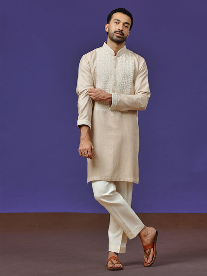 Beige Linen Embroidered Kurta with Aligarhi Pants