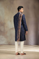 Navy Pashmina Silk Kurta Set with striking print and matching dupatta.