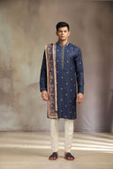 Navy Pashmina Silk Kurta Set with striking print and matching dupatta.
