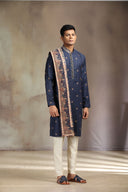 Navy Pashmina Silk Kurta Set with striking print and matching dupatta.