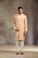 Peach Pashmina Silk Kurta Set with elegant print and flowing dupatta.