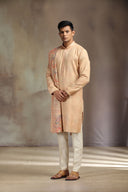 Peach Pashmina Silk Kurta Set with elegant print and flowing dupatta.