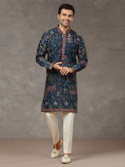 Navy Blue Silk Embroidered Kurta Set with White Aligarhi Pant