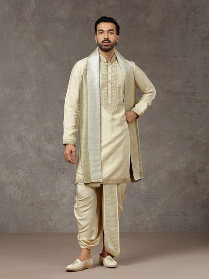 Natural Tissue Silk Embroidered Kurta Set with Dupatta & Dhoti