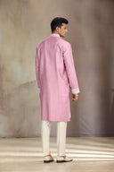 Lavender Jacquard Silk kurta set with elegant print and embroidery.