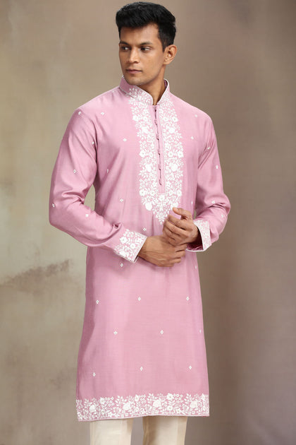 Lavender Jacquard Silk kurta set with elegant print and embroidery.