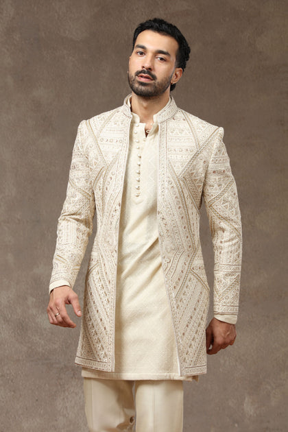 Cream Raw Silk Embroidered Indo Western with Kurta & Pant