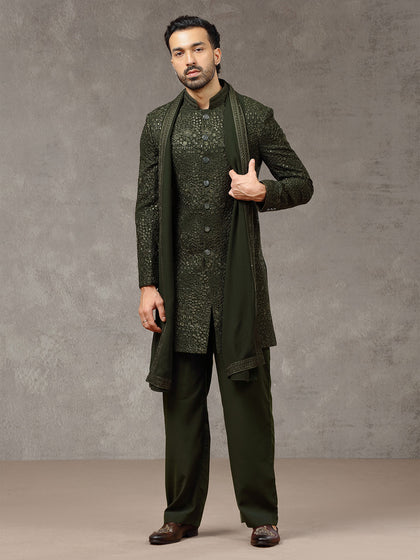 Green Embroidered Rayon Sherwani Set with Dupatta & Trouser