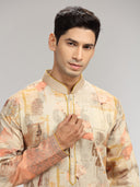 Fawn Tissue Silk Embroidered & Printed Kurta Set