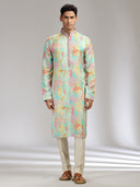 Aqua Lilac Satin Silk Embroidered Kurta Set