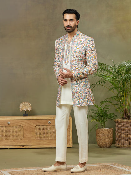 Cream Prabal Silk Floral Embroidered Indo Western Set