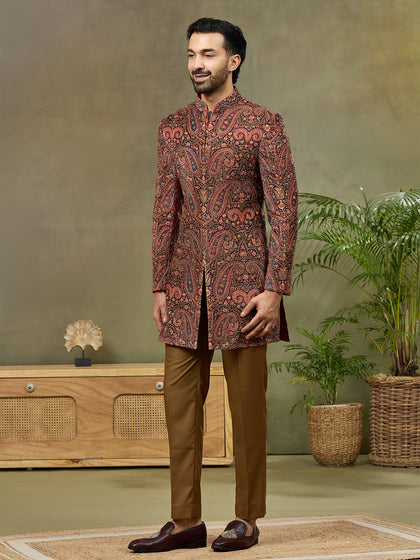 Rust Velvet Paisley Digital Print Indo Western Set with Pant