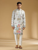 Stylish Grey & White Embroidered Printed Kurta Set