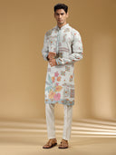 Stylish Grey & White Embroidered Printed Kurta Set