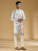 Stylish Grey & White Embroidered Printed Kurta Set