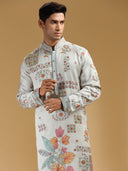 Stylish Grey & White Embroidered Printed Kurta Set