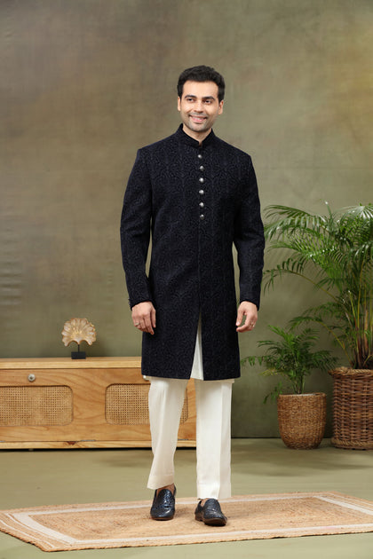 Navy Jacquard Brocade Sherwani with Cream Plazzo Pant