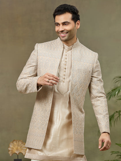 Grey Embroidered Carmy Silk Indo Western with Kurta and Aligarhi Pants