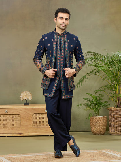 Navy Blue Embroidered Indo Western Set with Palazzo Pant