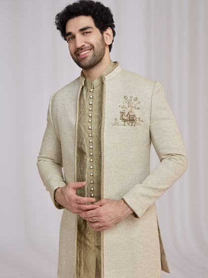 Light Olive Green Matka Silk Indo-Western Jacket Set for Men with Kurta & Trouser