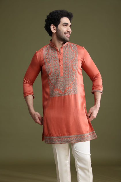 Rust Satin Linen Kurta Set for Men with Aligarhi & Dori Embroidery | Kora