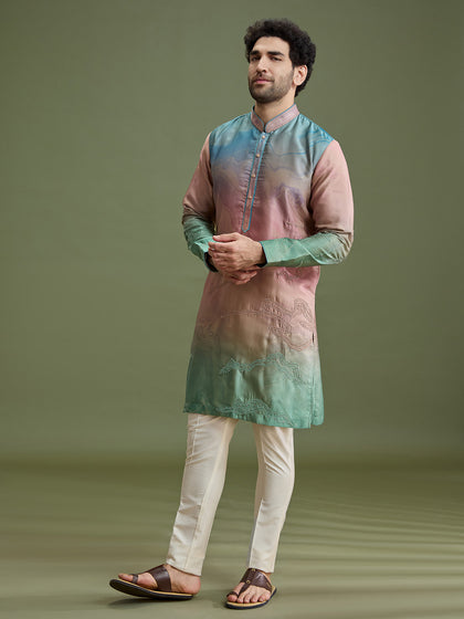 Multicolor Blended Silk Abstract Kurta Set for Men with Dori Embroidery & Cream Aligarhi