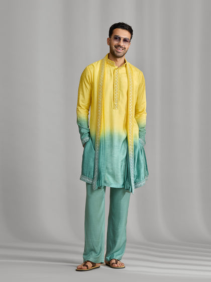 Yellow-Green Ombre Silk Kurta Set Adorned with Rose Embroidery