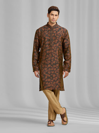Umber & Olive Botanical Silk Kurta Set