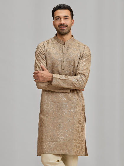 Khaki Embroidered Silk Kurta & Fawn Aligarhi Set for Men