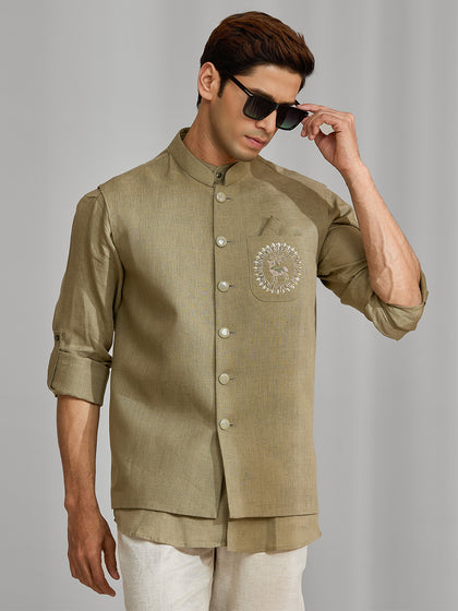 Mehendi Green Linen Bandi Shirt in Regular Fit