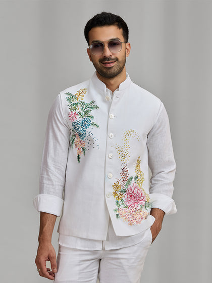 Men’s White Linen Bandi Shirt in Regular Fit