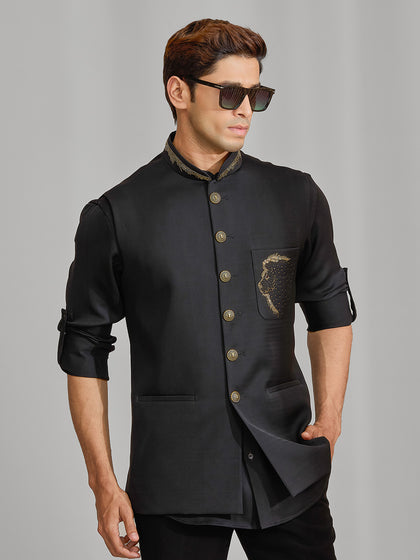 Black Cotton Bandi Shirt With Lion Embroidery On Pocket