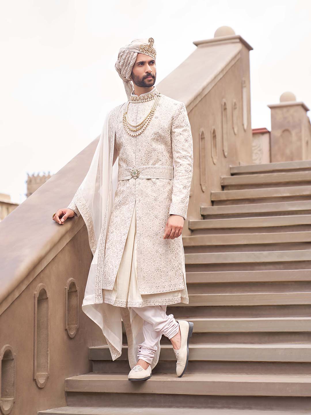 Royal Cream Embroidered Wedding Sherwani For Groom KORANM