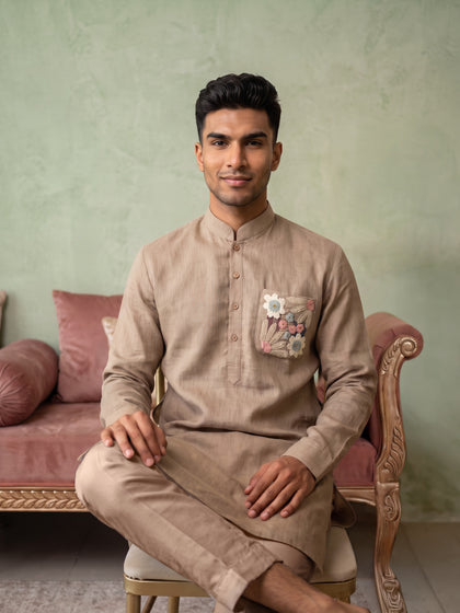 Khaki Linen Floral Pocket Embroidered Kurta Set with Khaki Aligarhi pant