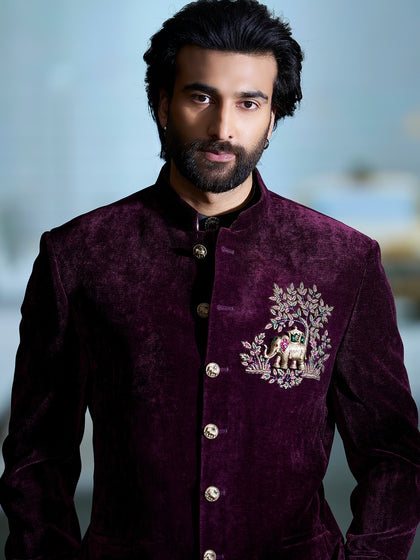 Royal Purple Velvet Embroidered Bandhgala Jodhpuri Set with Black Pants | Worn by Meezaan Jafri | Kora by Nilesh Mitesh