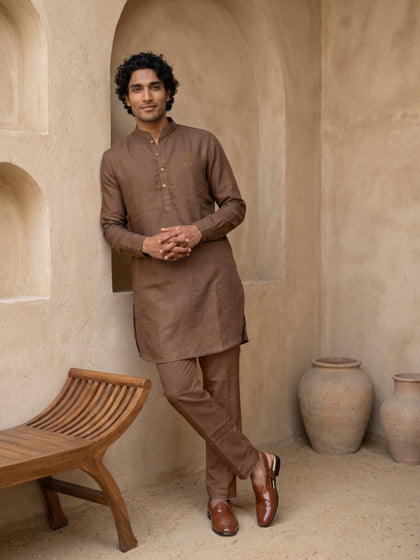 Brown Linen Embroidered Kurta with Aligarhi Bottoms
