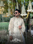 Sahil Anand radiates royal charm in our cream raw silk embroidered sherwani with dupatta and churidar