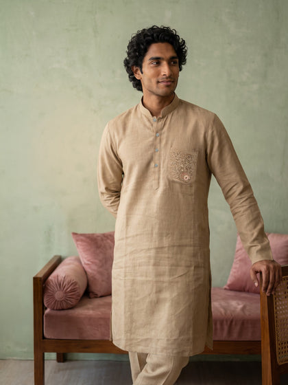 Khaki Linen Embroidered Kurta with Aligarhi Bottoms