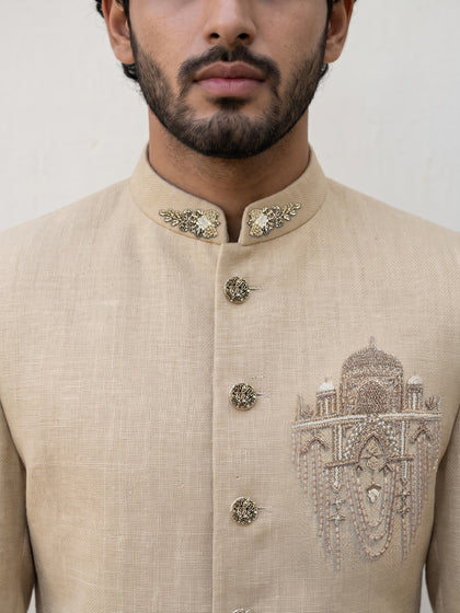 Natural Chest Motif Embroidered Silk Jodhpuri Set