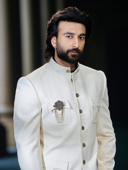 Elegant Cream Matka Silk Bandhgala Jodhpuri Set with Matching Pants | Worn by Meezaan Jafri