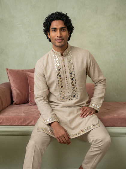 Natural Beige Linen Intricate Mirror Embroidered Kurta and Palazzo